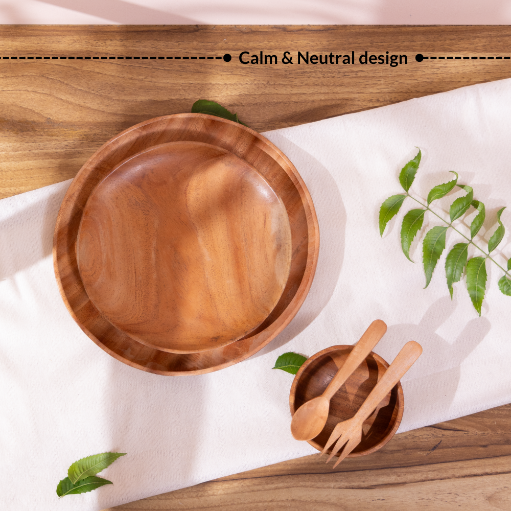 Minimalist neem wood baby dinner set with calm neutral design suitable for Montessori weaning setup.