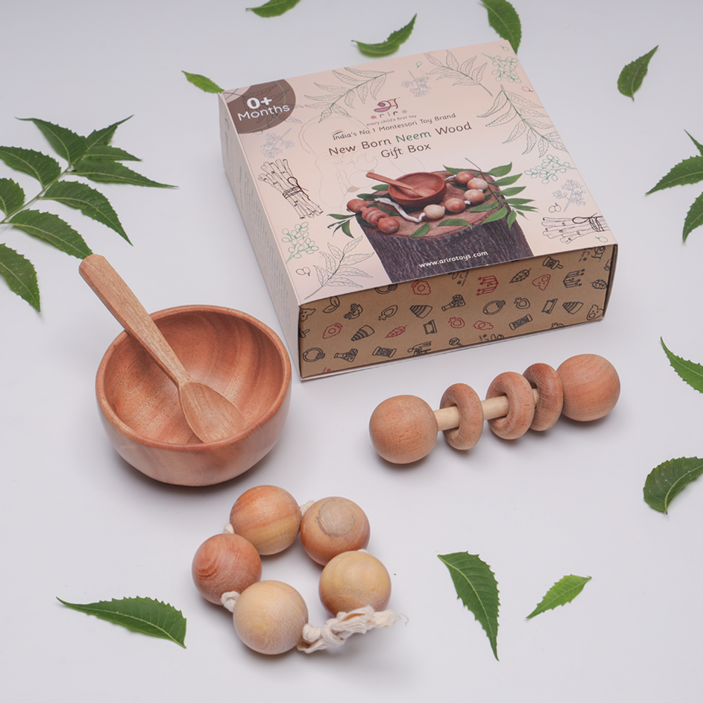 New Born Neem Wood Gift Box contains wooden spoon bowl , grasping beads and rattles for kids development and learning 