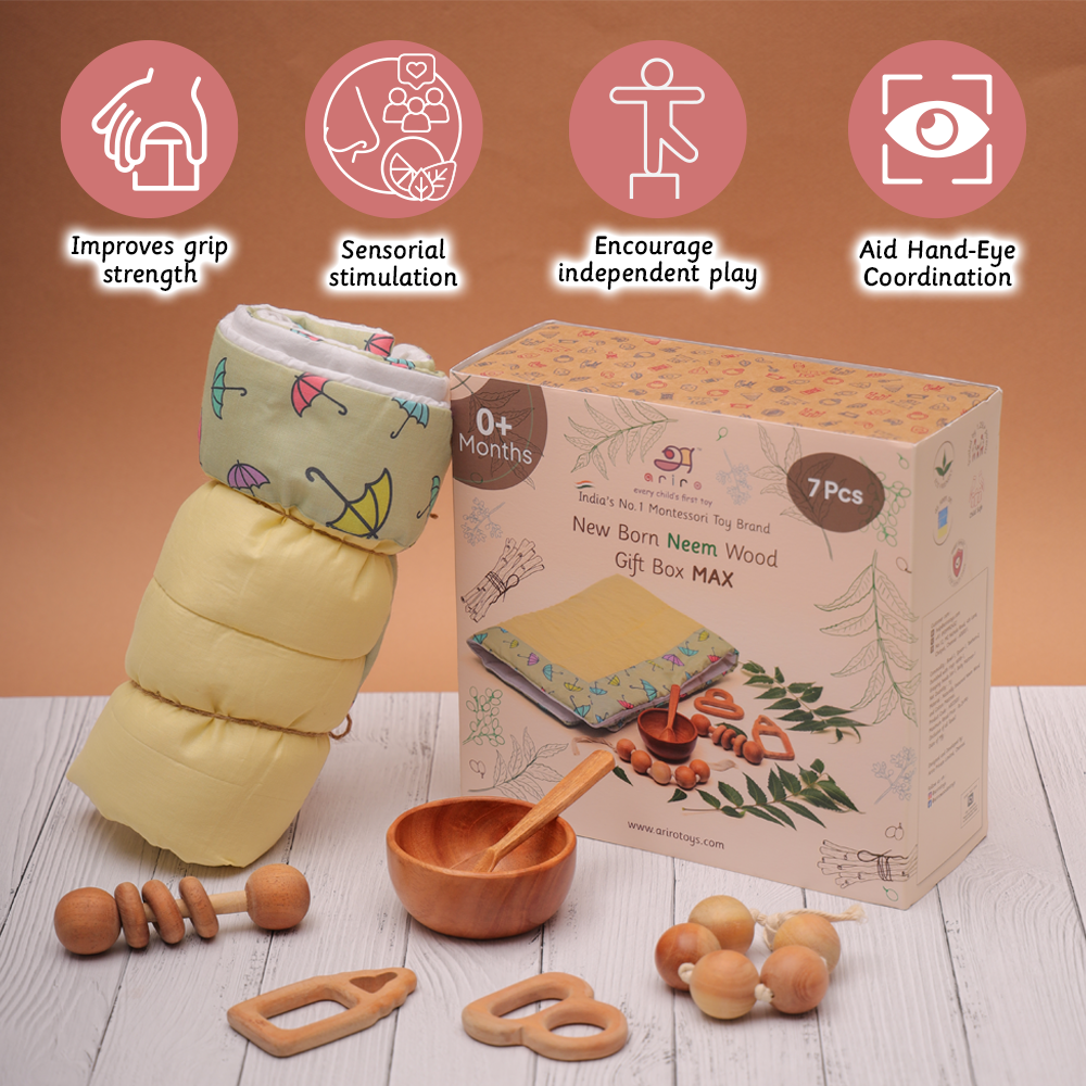 New Born Neem Wood Gift Box Max improves grip strength , sensorial stimulation , encourage independent play and hand eye coordination