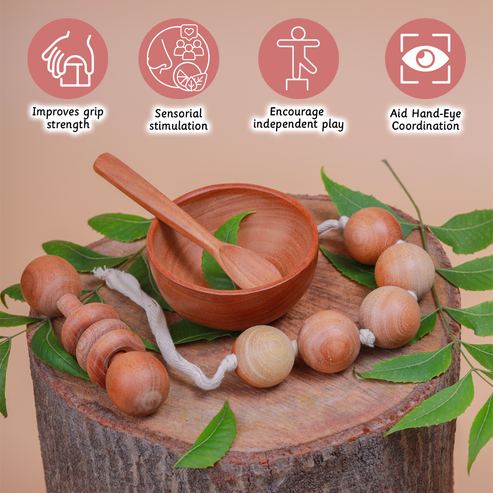 New Born Neem Wood Gift Box improves grip strength , sensorial stimulation , encourage independent play and hand eye coordination