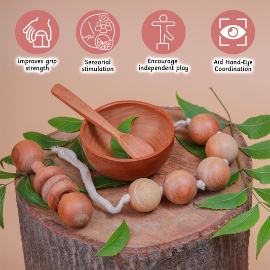 New Born Neem Wood Gift Box improves grip strength , sensorial stimulation , encourage independent play and hand eye coordination