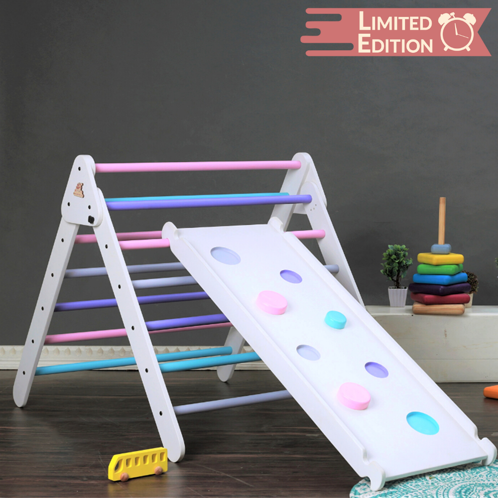 Montessori Pikler Triangle with a reversible slide supports up to 40kg per rod, encourages active play and motor skills, and comes with a 1-year warranty—trusted by 2000+ families