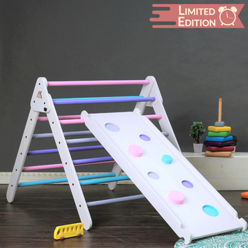 Montessori Pikler Triangle with a reversible slide supports up to 40kg per rod, encourages active play and motor skills, and comes with a 1-year warranty—trusted by 2000+ families