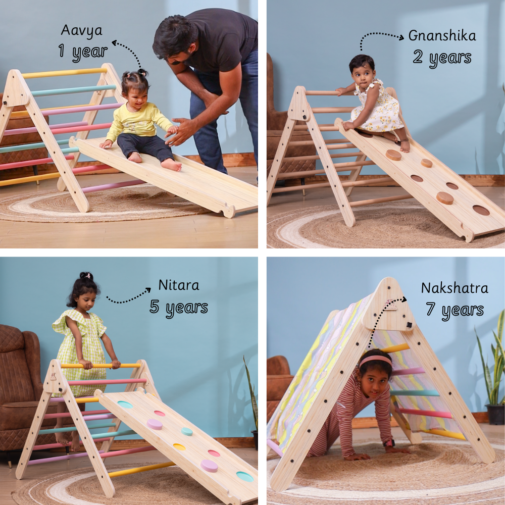 Montessori Pikler Triangle is perfect for ages 1 to 7—offering endless opportunities for climbing, sliding, and imaginative play.