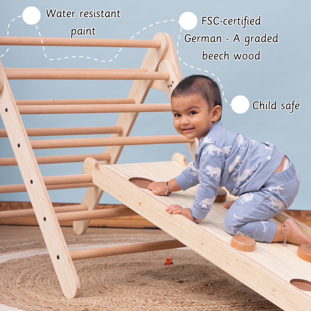Pikler Triangle and Pikler Arch - Natural water resistant paint FSC certified german a graded beech wood child safe