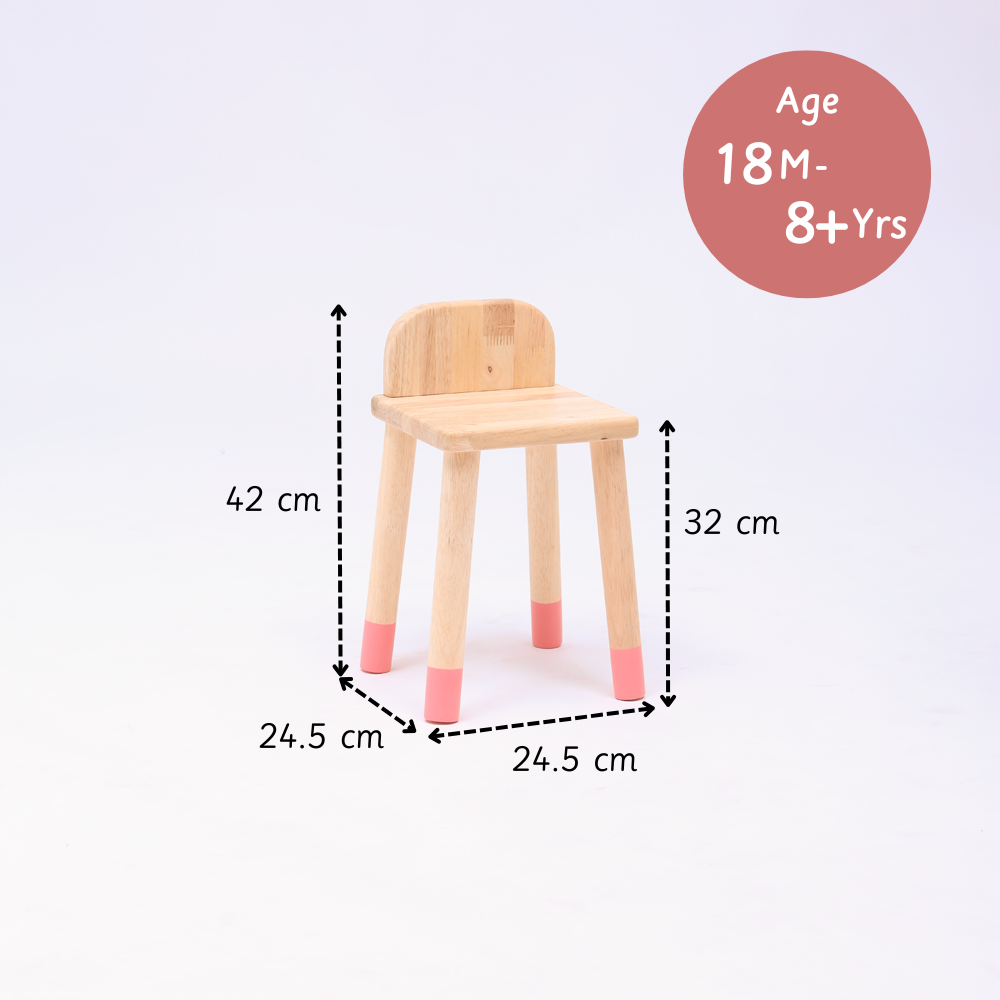 Pink wooden stool with measurements and age to show its ideal for toddlers 
