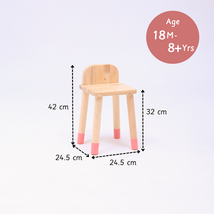 Pink wooden stool with measurements and age to show its ideal for toddlers 