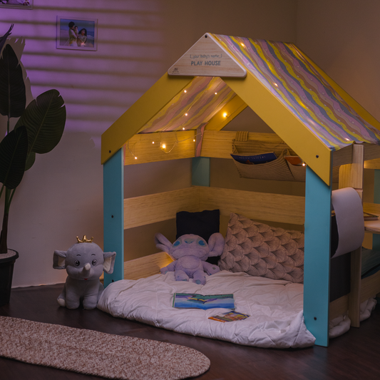 wooden playhouse features cozy spaces, and built-in storage—perfect for imaginative play, reading, and creative activities at home.