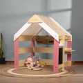 wooden playhouse features cozy spaces, and built-in storage—perfect for imaginative play, reading, and creative activities at home.