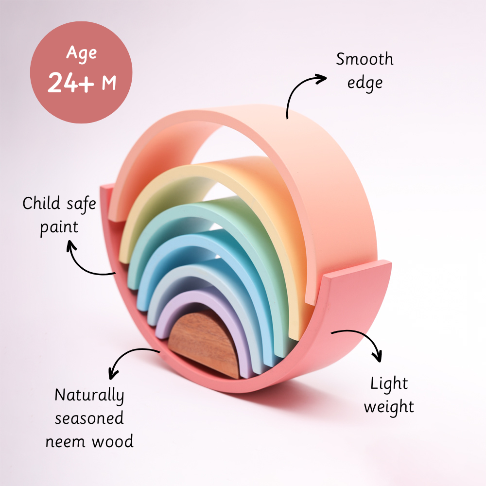 Rainbow Stacker- Small features smooth edges, child-safe paint, lightweight design, and is made from naturally seasoned neem wood.