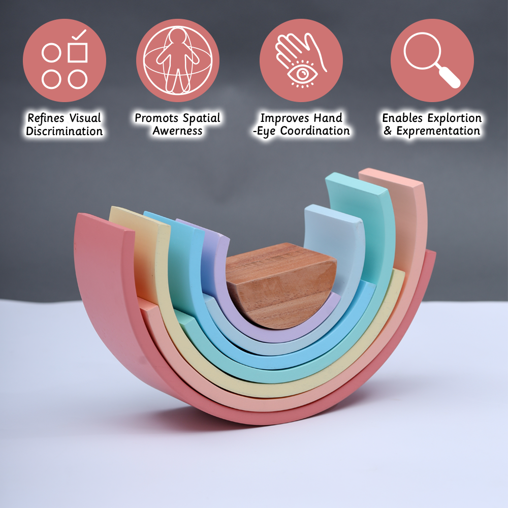 Rainbow Stacker- Small enhances visual discrimination, spatial awareness, hand-eye coordination, and encourages exploration.




