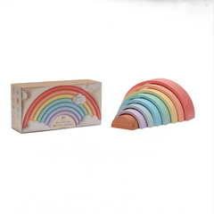 Rainbow stacker-Small  with pastel-colored arches, designed for children aged 24+ months, along with its packaging box featuring a rainbow illustration