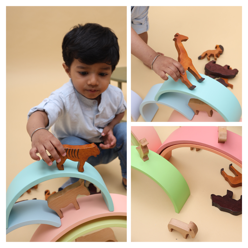 Rainbow stacker- Big designed for kids to play creatively by rolling the animals  over the arches, enhancing motor skills and imaginative play.





