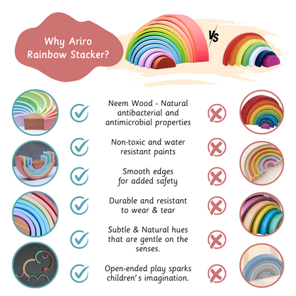 Rainbow stacker- Big with natural antibacterial properties, non-toxic water-resistant paints, smooth edges, durability, subtle natural hues, and open-ended play