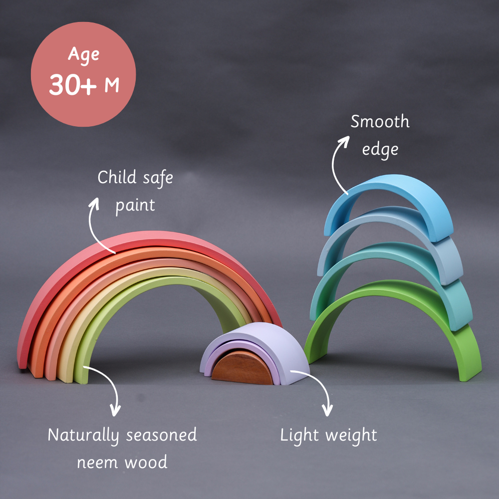 Rainbow stacker- Big features smooth edges, child-safe paint, lightweight design, and is made from naturally seasoned neem wood.






