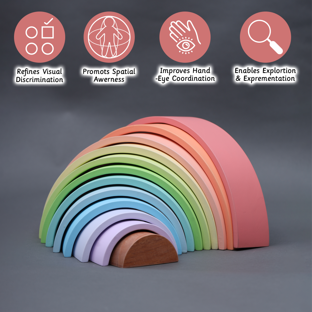 Rainbow stacker- Big  enhances visual discrimination, spatial awareness, hand-eye coordination, and encourages exploration.





