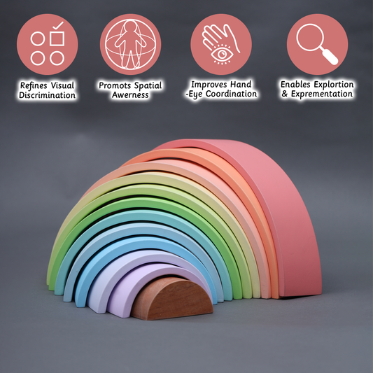 Rainbow stacker- Big  enhances visual discrimination, spatial awareness, hand-eye coordination, and encourages exploration.





