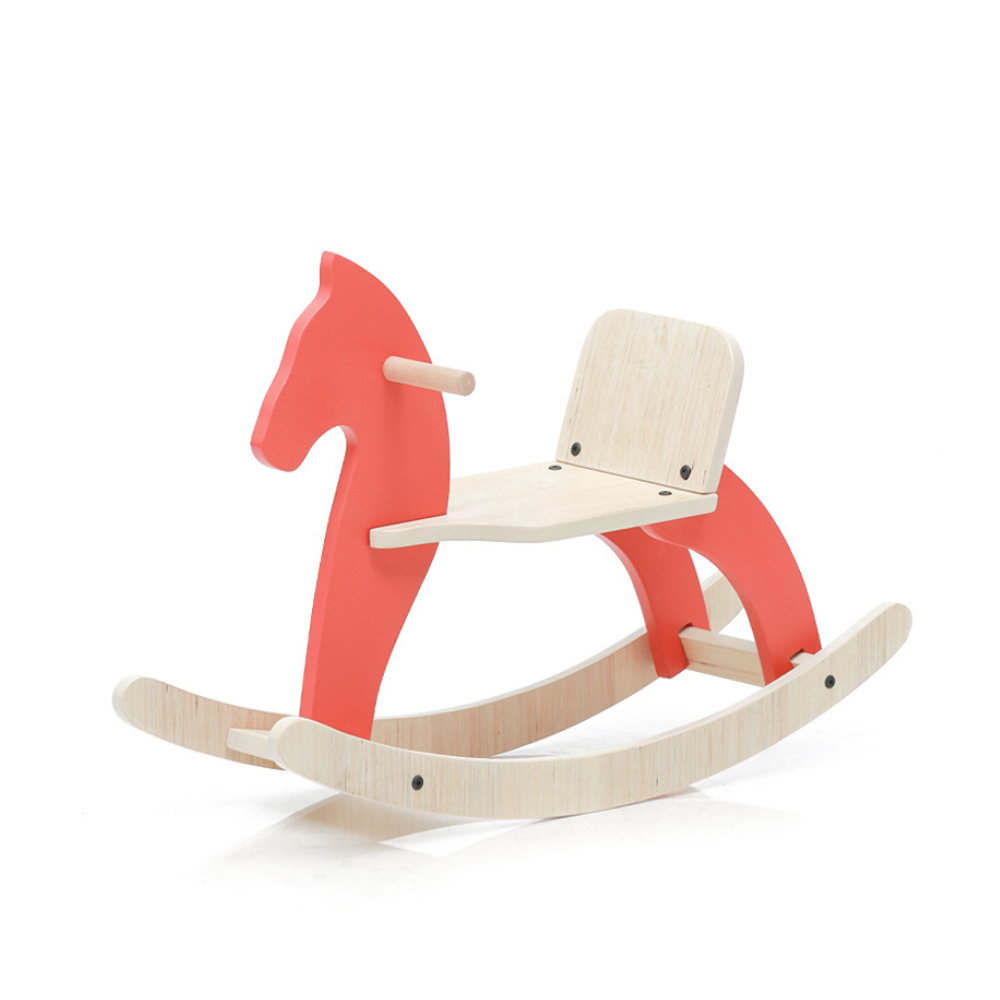 Red wooden rocking horse Montessori toy for toddlers designed for balance coordination and motor development.