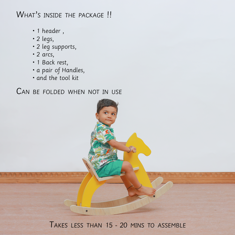 wooden rocking horse handcrafted for toddlers, featuring a supportive backrest, handles, and a playful design that ensures safe and joyful rides