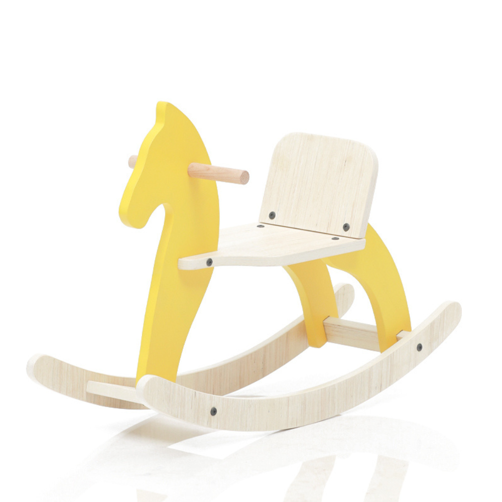 Yellow Montessori wooden rocking horse toy for toddlers made with sturdy wood and smooth rocking arcs.