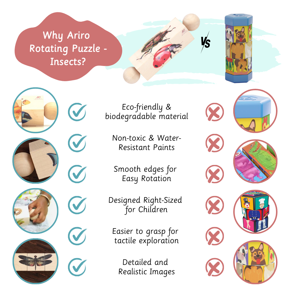 Eco-friendly, non-toxic, easy-to-rotate wooden insect puzzle designed perfectly for toddlers’ tactile learning and fun