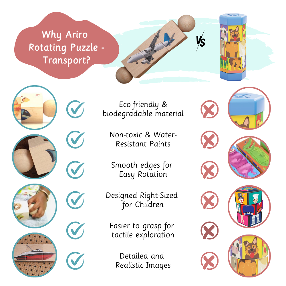 Rotating Puzzle - Modes of Transport offers a natural, child-safe design that promotes logical thinking and fine motor skills without overwhelming visuals