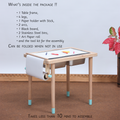  sensory table features dual stainless steel bins, a blackboard top, an art paper roll with holder, and all assembly tools included—ready to spark creativity in just under 10 minutes!