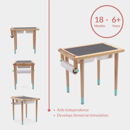 A wooden Montessori sensory table with turquoise leg tips, dual storage bins, and a paper roll attachment. The right side shows a close-up of the table with age guidance “18 months – 6+ years.” The left side displays three additional angles of the table. Text highlights include “Aids Independence” and “Develops Sensorial Stimulation.”