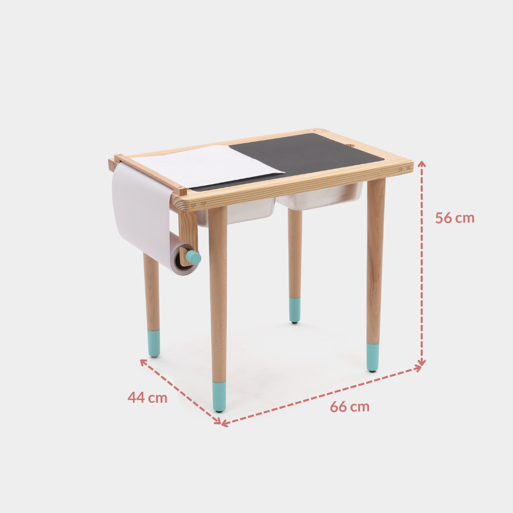 sensory  table blue  with dimensions 56cm height 66cm length and 44 cm width labeled on a white background