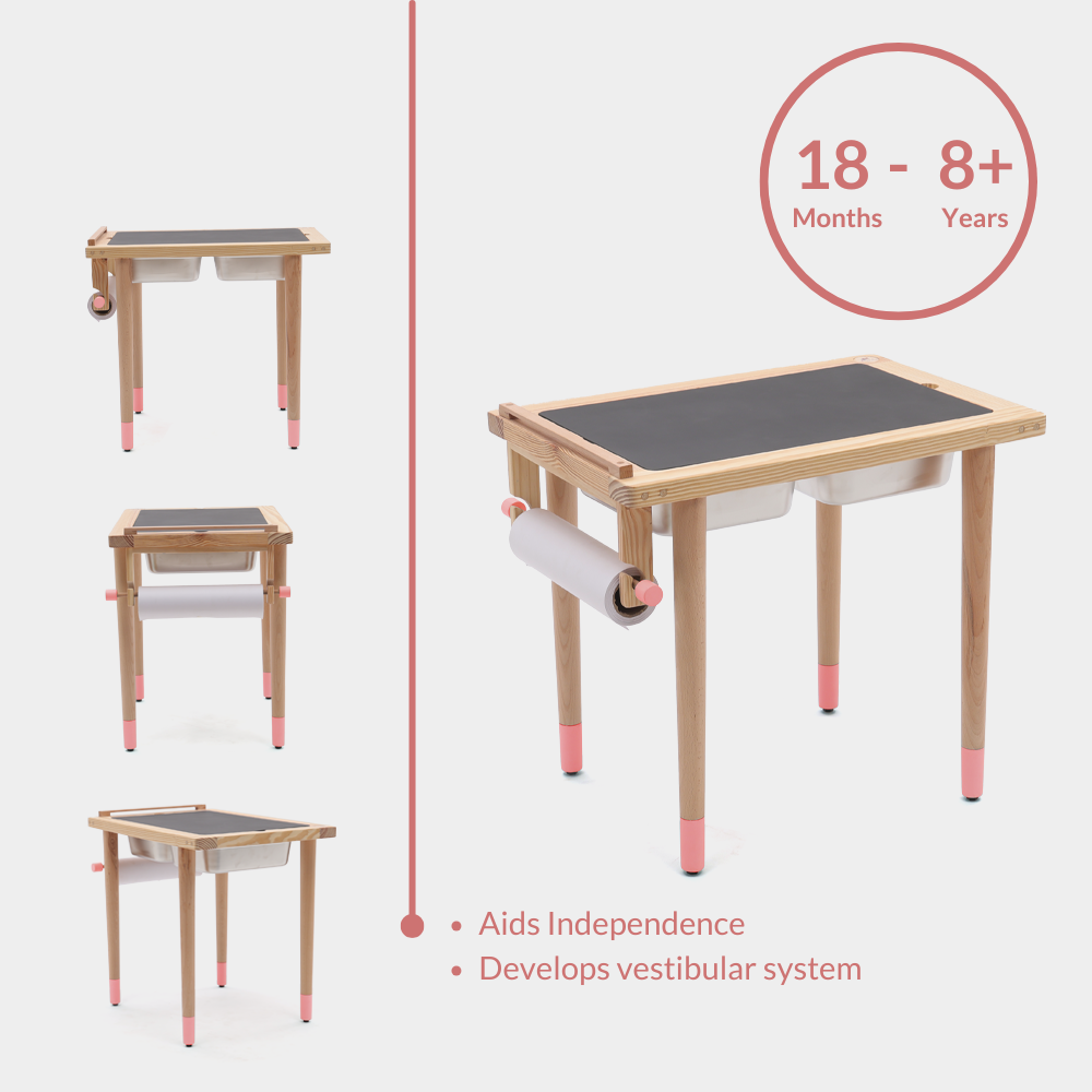 different angles of the sensory tables with a focus on independence and vestibular system development for children aged 18-8+ months.