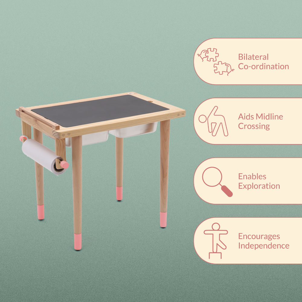 sensory table pink with chalkboard surface on a green background, featuring icons and text about developmental benefits.