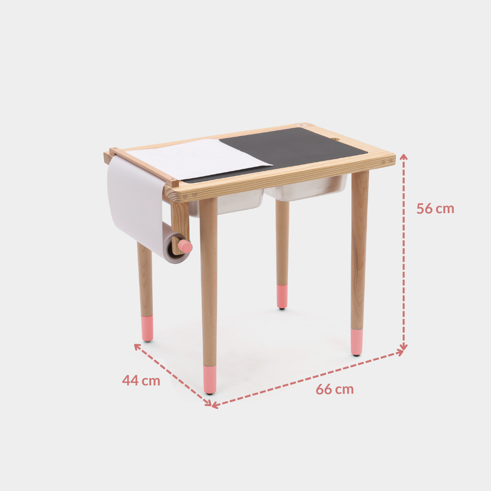 sensory table pink with measurements on a white background