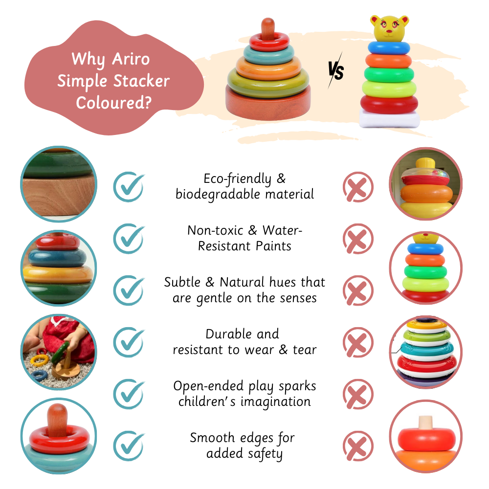 Simple Stacker colored uses eco-friendly, non-toxic, subtle-colored paints with durable, smooth-edged pieces that promote safe, imaginative play