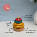 Simple Stacker colored  suitable for ages 12 months and up, features ideal sizing, smooth edges, vegetable dye coloring, and is crafted from FSC-certified ivory and beech wood for safe and eco-friendly play.