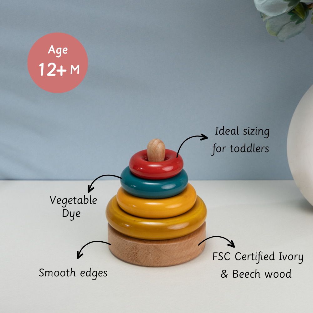 Simple Stacker colored  suitable for ages 12 months and up, features ideal sizing, smooth edges, vegetable dye coloring, and is crafted from FSC-certified ivory and beech wood for safe and eco-friendly play.