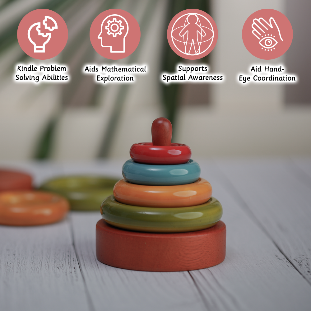 Simple Stacker colored  enhances problem-solving abilities, supports mathematical exploration, boosts spatial awareness, and aids in developing hand-eye coordination for young children.