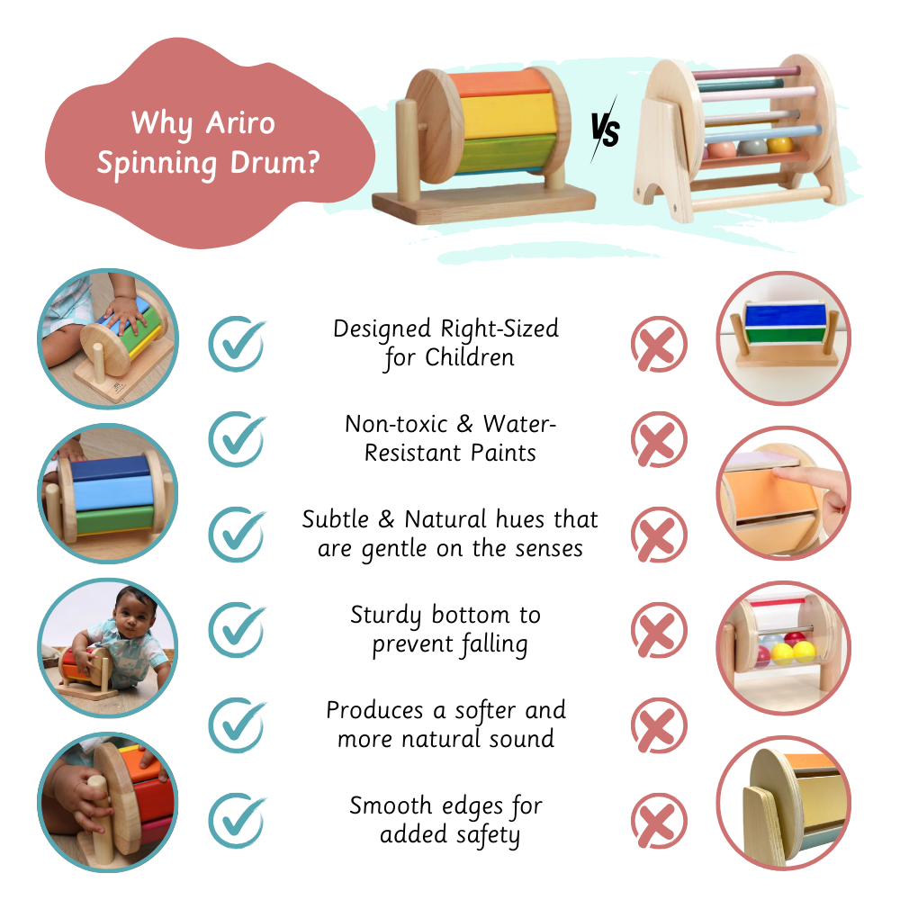 Spinning Drum is  Child-safe, non-toxic, and sensory-friendly with a sturdy base and smooth, natural design.





