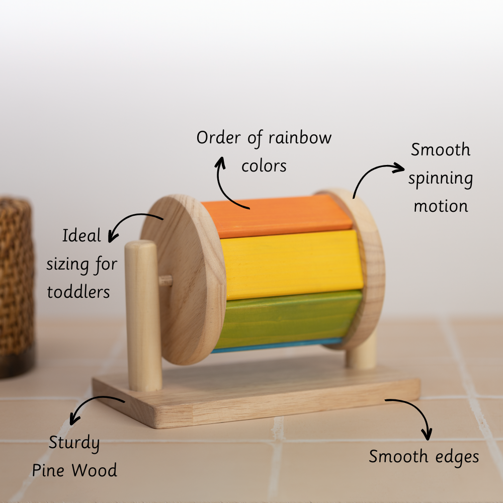Spinning Drum  features a rainbow of colors and a gentle, soothing spin for safe sensory play.





