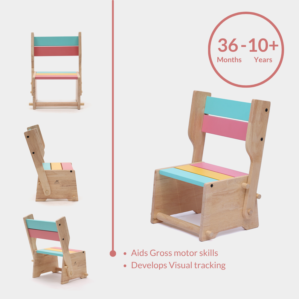 Side views of the coloured wooden convertible step stool and chair