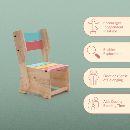 Toddler using the wooden convertible step stool and chair at home
