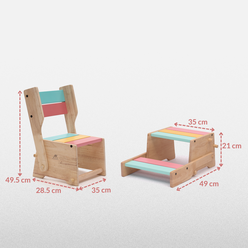 Dimensions of the Ariro wooden convertible step stool and chair