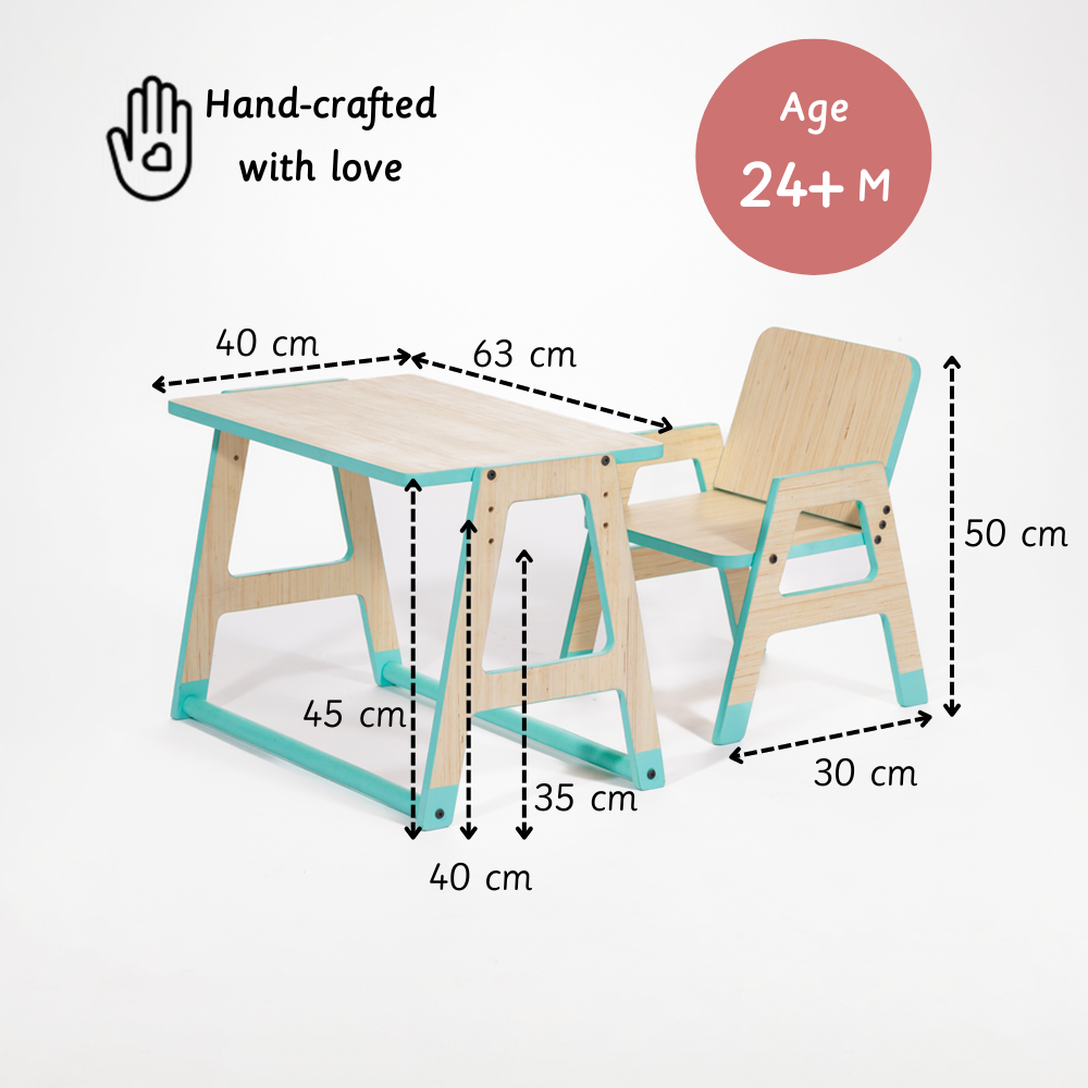 Handcrafted with love, this compact and adjustable toddler workstation is designed for kids aged 24+ months—built to grow with them and fit any space with ease.