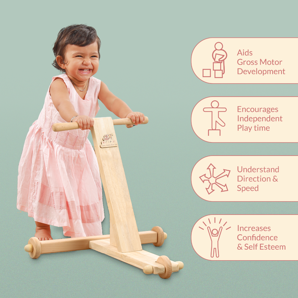 Wooden traditional push wagon used by a baby with the developmental features like gross motor development, independent walking, understanding speed and direction and increasing self confidence