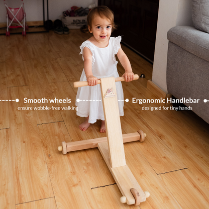 Traditional push being used by a child and highlighting ergonomic design of wheels and handlebar