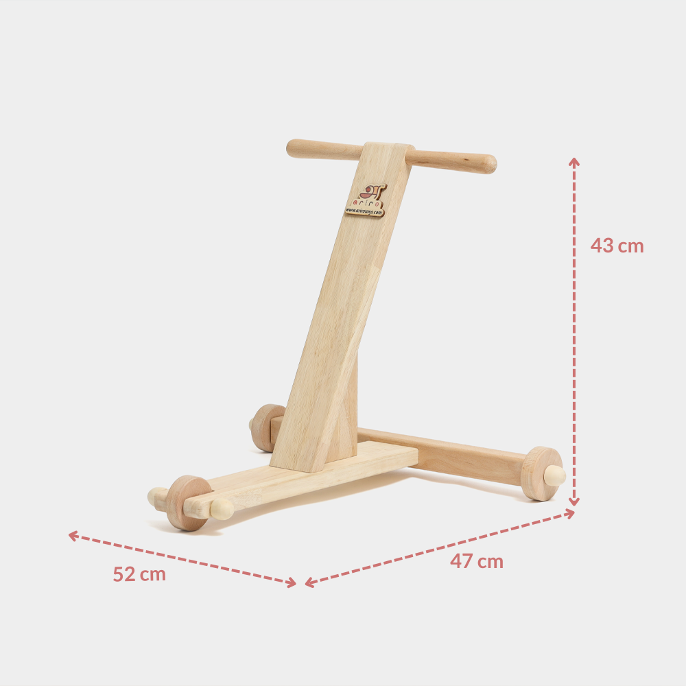 Traditional push wagon side view with measurements height 43cm, length 47cm and width 52com 
