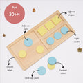Tray Sorter designed for ages 30+ months, features smooth edges, child-safe paint, lightweight pieces in different shapes, sizes, and contrast colors to enhance early learning