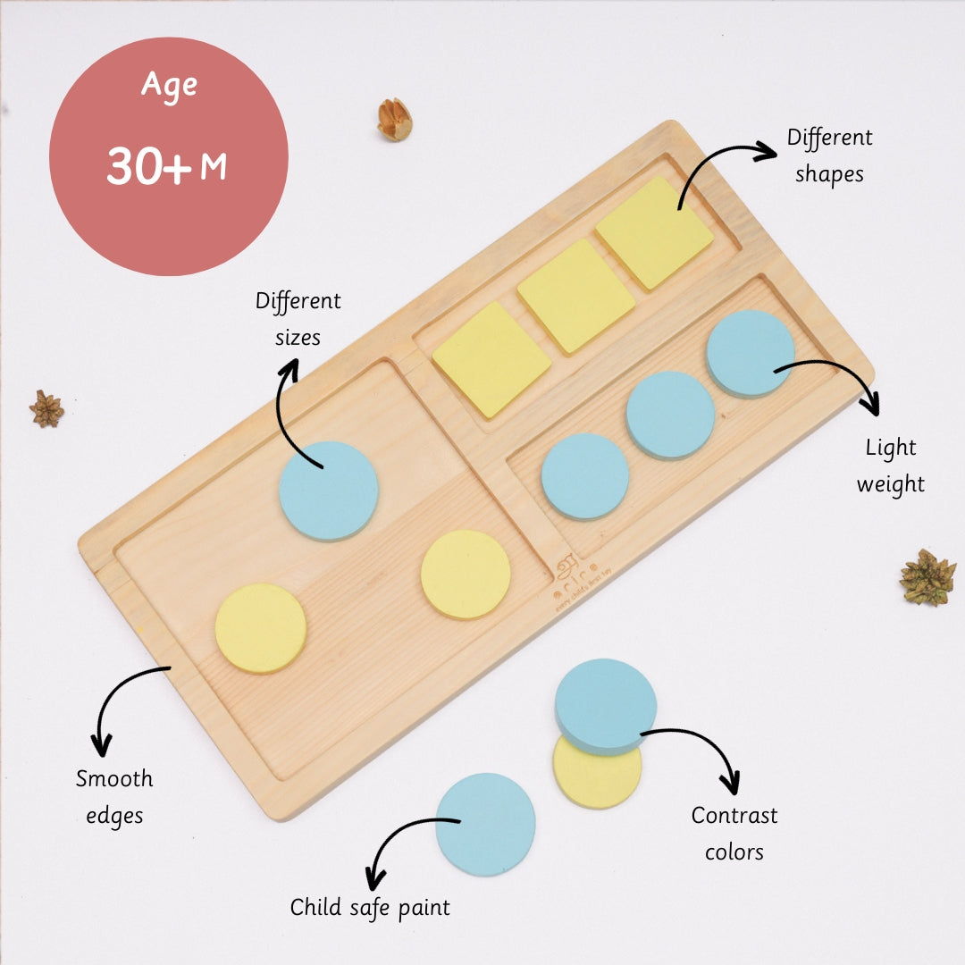 Tray Sorter designed for ages 30+ months, features smooth edges, child-safe paint, lightweight pieces in different shapes, sizes, and contrast colors to enhance early learning