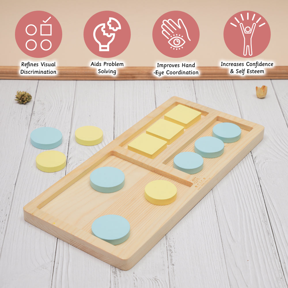Tray Sorter enhances visual discrimination, aids problem solving, improves hand-eye coordination, and boosts confidence & self-esteem