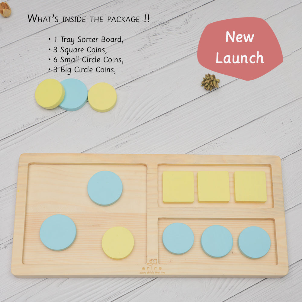 Tray Sorter has 1 tray sorter board , 3 square coins , 6 small circle coins and 3 big circle coins