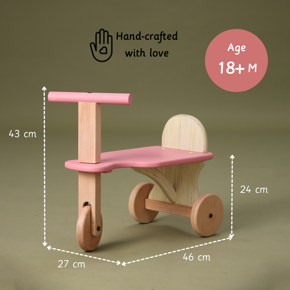 Handcrafted wooden Tuk Tuk for toddlers 18+ months, measuring 46x27x43 cm for the perfect child-sized ride.